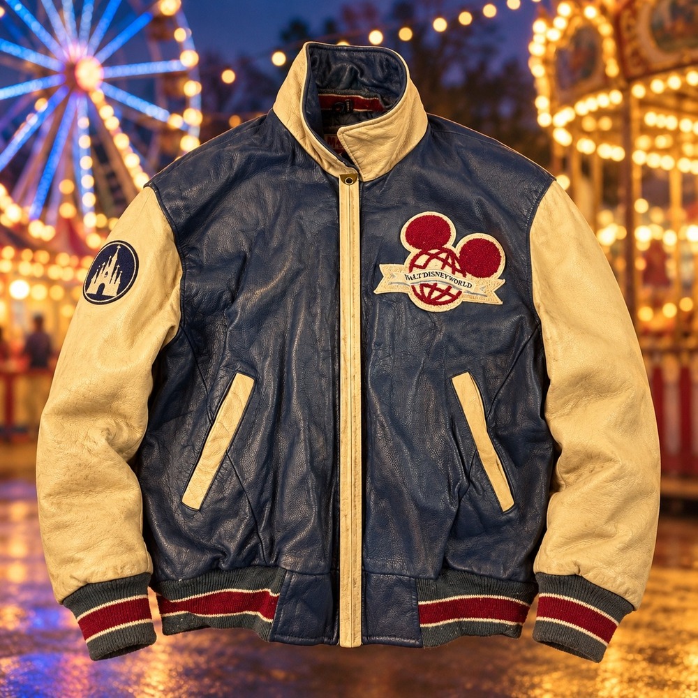 Vintage Walt Disney World 25th Anniversary Leather Varsity Jacket Mens L Blue